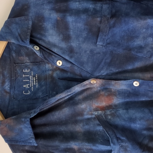 Caite Blue Tie-Dye Cotton Boho Beachy Button Down Oversized Relaxed Fit Shirt S - Picture 2 of 5